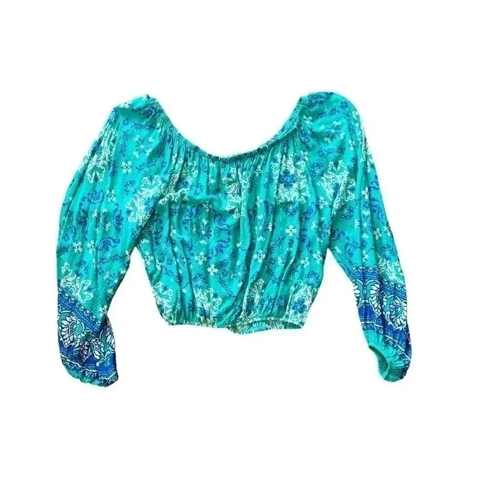 Flying tomato off shoulders Womens Medium Top Teal Blue Floral Elastic Waist